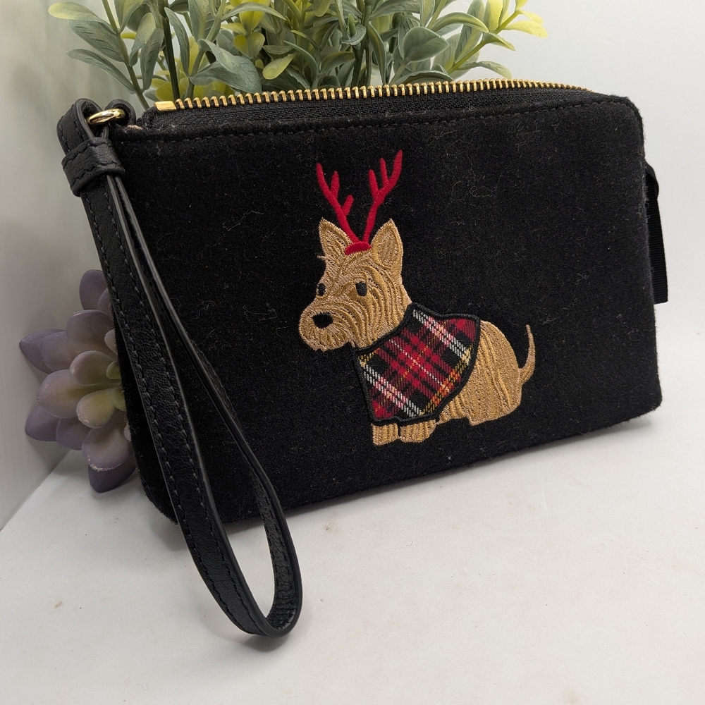 Talbots Festive Scottie Dog Embroidered Wool Wristlet